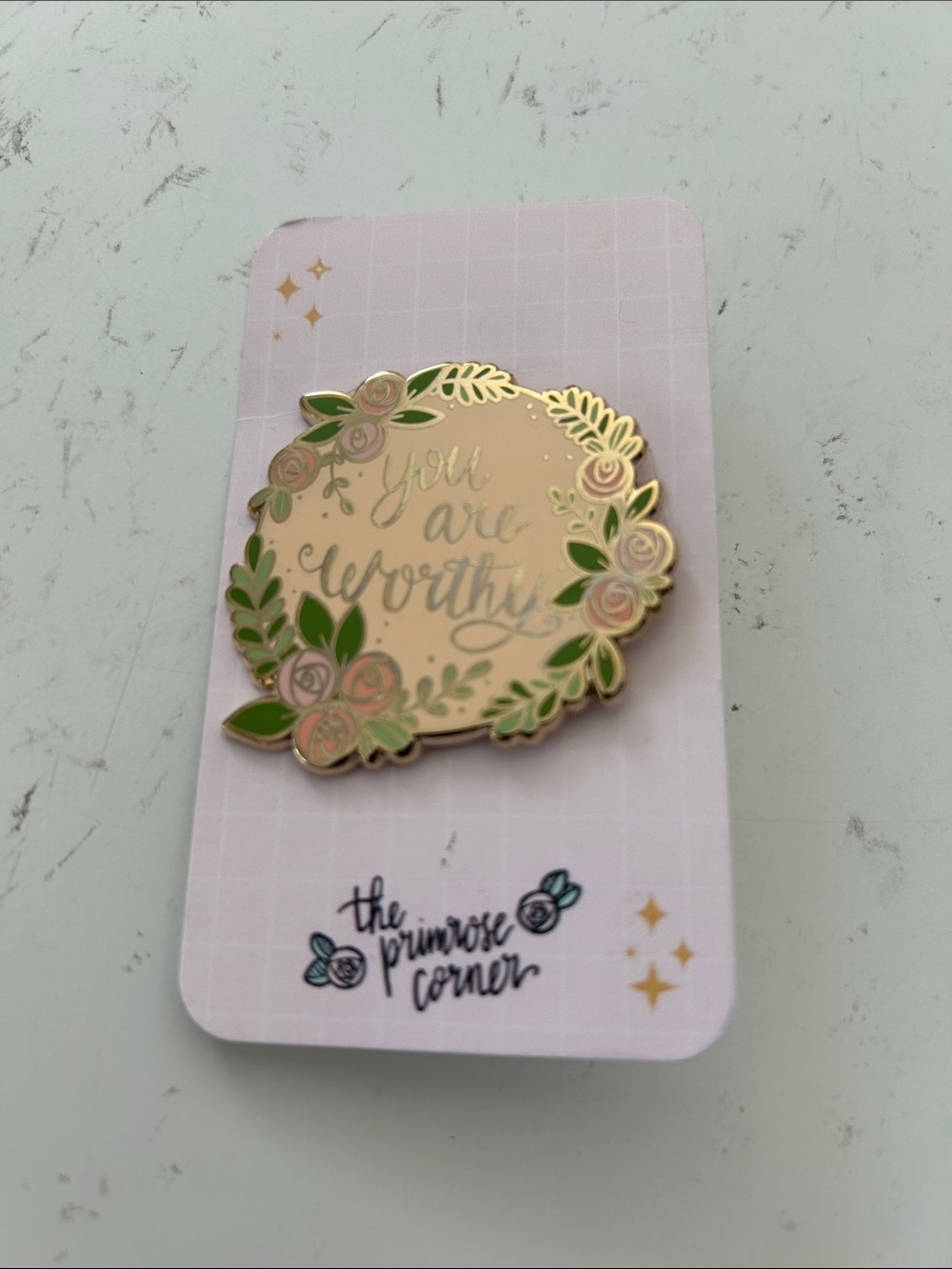 The Primrose Corner ‘You Are Worthy' floral wreath Pin
